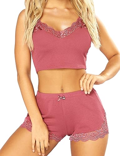 RSLOVE Women PJ Short Set Sexy Pajamas Lingerie Set Sleepwear Two-piece Outfit Pink M - Image 1