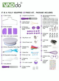 VAOdo 137PCS Cake Decorating Tools Kit Aluminum Stainless Steel Turntable Cake Supplies Baking Spatula Cutter Icing Tip Nozzle Piping Bag Knife for Beginners and Professionals  - Image 2