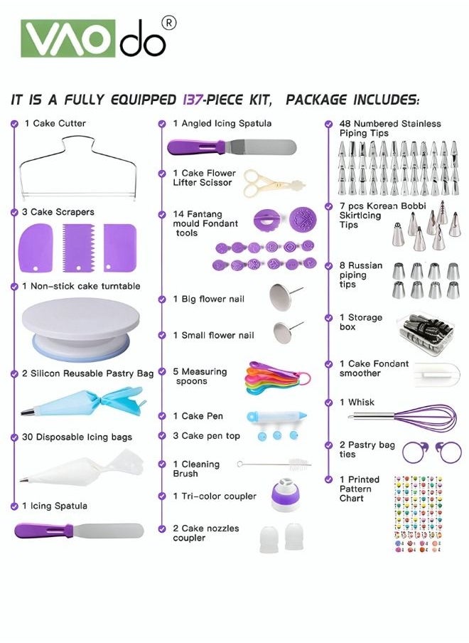 VAOdo 137PCS Cake Decorating Tools Kit Aluminum Stainless Steel Turntable Cake Supplies Baking Spatula Cutter Icing Tip Nozzle Piping Bag Knife for Beginners and Professionals  - Image 2