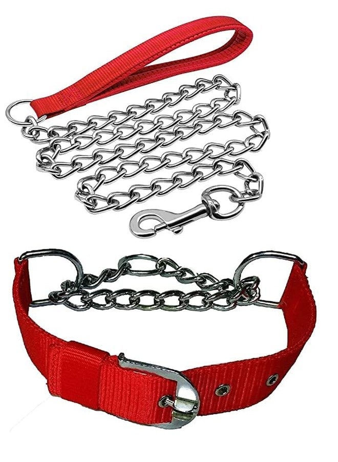 Smart Pups Combo of 1-inch Choke Collar with a 57-inch-Long Stainless Steel Leash Chain with Nylon Handle for Playing and Walking Medium and Large Dogs (Red) - Image 1