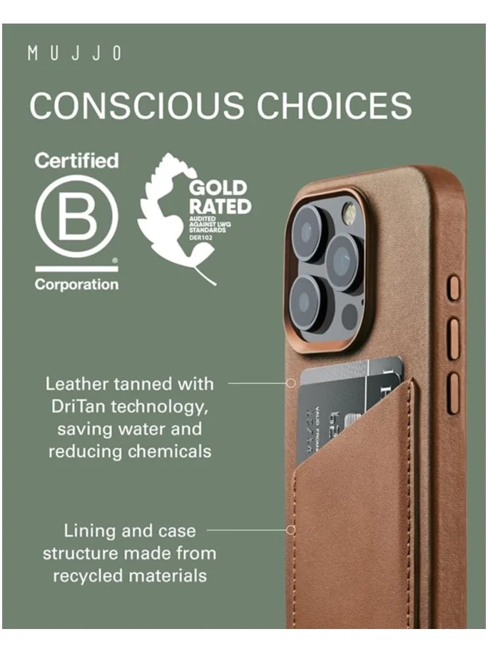 Mujjo Mujjo Leather Wallet Case for iPhone 16 Pro - Premium European Leather Case with Card Pocket, Enhanced Phone & Camera Lens Protection, MagSafe Compatible - iPhone 16 Pro Card Wallet Case (Dark Tan)