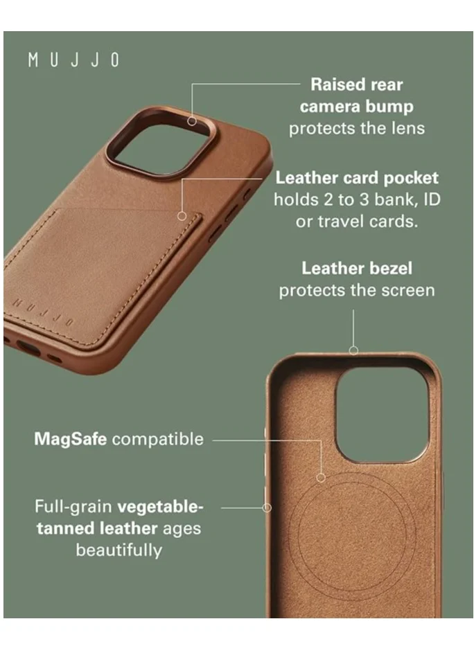 Mujjo Mujjo Leather Wallet Case for iPhone 16 Pro - Premium European Leather Case with Card Pocket, Enhanced Phone & Camera Lens Protection, MagSafe Compatible - iPhone 16 Pro Card Wallet Case (Dark Tan)