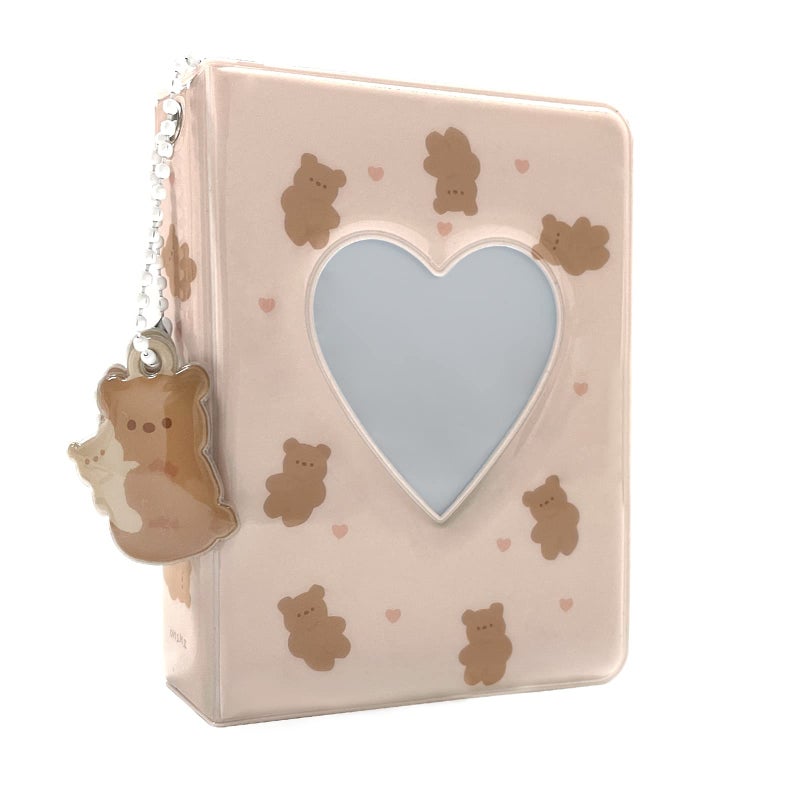 YAHUIPEIUS 3 Inch Mini Photo Album, Heart Hollow Card Binder Photo Card Holder with Pendant 40 Pockets (beige bear) - Image 1