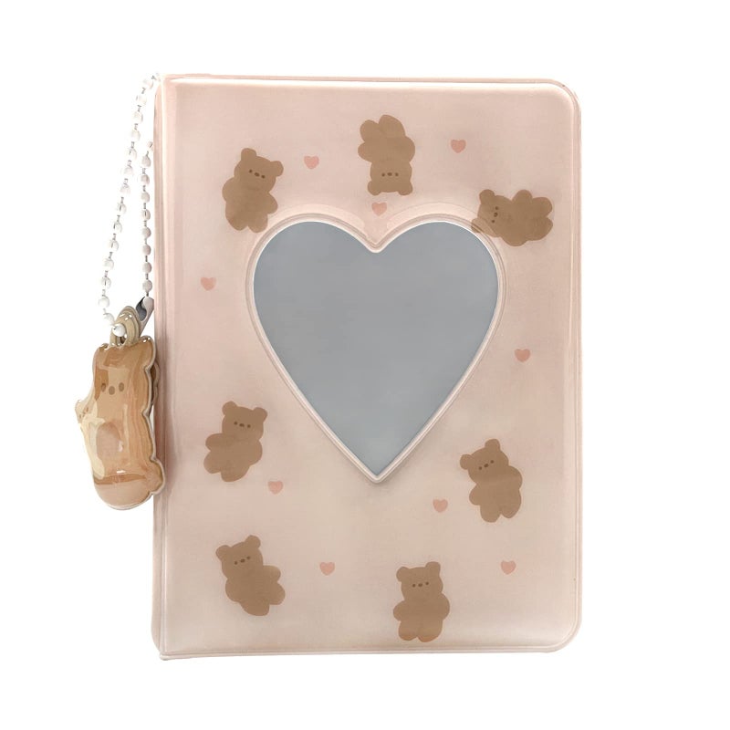 YAHUIPEIUS 3 Inch Mini Photo Album, Heart Hollow Card Binder Photo Card Holder with Pendant 40 Pockets (beige bear) - Image 2