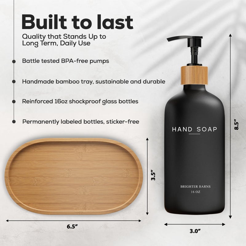 Brighter Barns Black Glass Hand and Dish Soap Dispenser Set by Brighter Barns - Kitchen Soap Dispenser Set with Tray - Bamboo Pump Bottles for Kitchen Sink - Boho Modern Home Decor, Neutral Home Accessories (Black) - Image 3