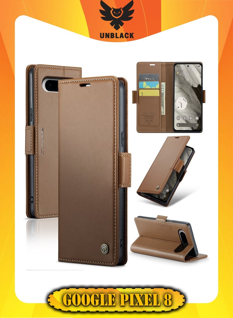 CaseMe CaseMe Flip Wallet Case For Google Pixel 8, [RFID Blocking] PU Leather Wallet Flip Folio Case with Card Holder Kickstand Shockproof Phone Cover (Brown)  - Image 1