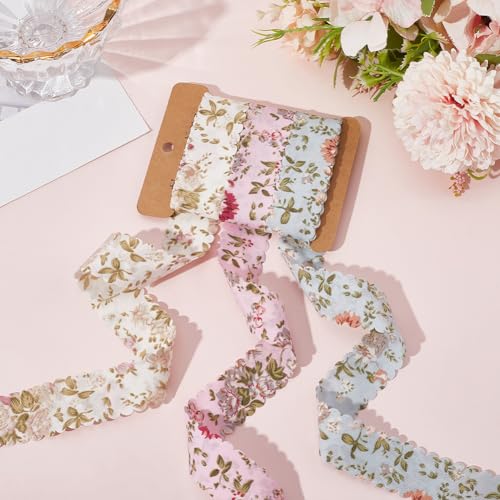 CABODYALS 3 Rolls 6 Yards 1 Inch Floral Printed Ribbon Vintage Flower Pattern Wavy Edge Spring Summer Decorative Fabric Ribbons for Sewing Bow Wreath Bouquets Decor Gift Wrapping DIY Craft Supply - Image 3