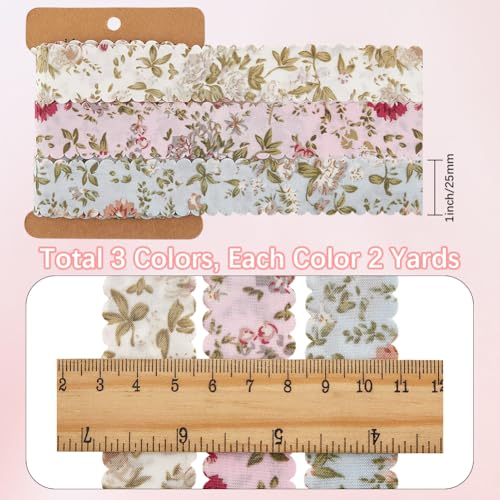 CABODYALS 3 Rolls 6 Yards 1 Inch Floral Printed Ribbon Vintage Flower Pattern Wavy Edge Spring Summer Decorative Fabric Ribbons for Sewing Bow Wreath Bouquets Decor Gift Wrapping DIY Craft Supply - Image 2