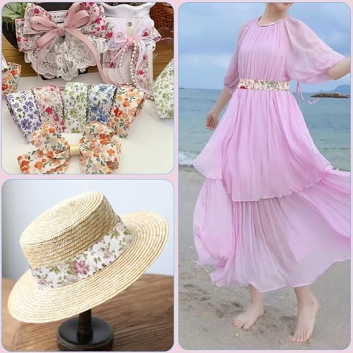 CABODYALS 3 Rolls 6 Yards 1 Inch Floral Printed Ribbon Vintage Flower Pattern Wavy Edge Spring Summer Decorative Fabric Ribbons for Sewing Bow Wreath Bouquets Decor Gift Wrapping DIY Craft Supply - Image 4