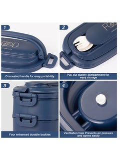 KASTWAVE Lunch Box, Portable Microwaveable Student Box Double Layer Bento with 3 Compartments Spoon Fork BPA Free for Men Women Adults Working Kids Students Schools Dark Blue  - Image 4