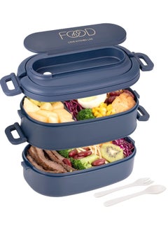 KASTWAVE Lunch Box, Portable Microwaveable Student Box Double Layer Bento with 3 Compartments Spoon Fork BPA Free for Men Women Adults Working Kids Students Schools Dark Blue  - Image 1