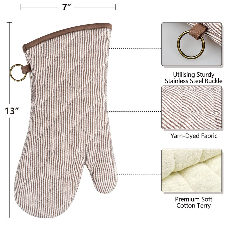 RED LMLDETA 1 Pair Yarn Dyed Oven Mitts 100% Cotton Heat Resistant 470 Degree Gloves Men Women Cooking Baking Barbecue BBQ Microwave Crafting Machine Washable Pot Holders Mittens (Khaki) - Image 2