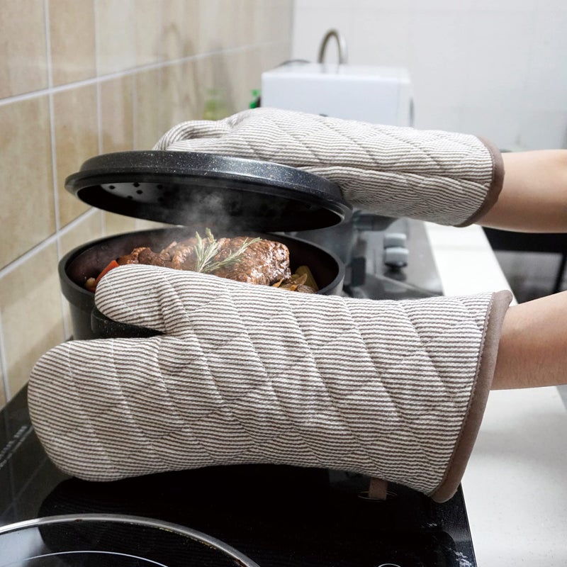 RED LMLDETA 1 Pair Yarn Dyed Oven Mitts 100% Cotton Heat Resistant 470 Degree Gloves Men Women Cooking Baking Barbecue BBQ Microwave Crafting Machine Washable Pot Holders Mittens (Khaki) - Image 5