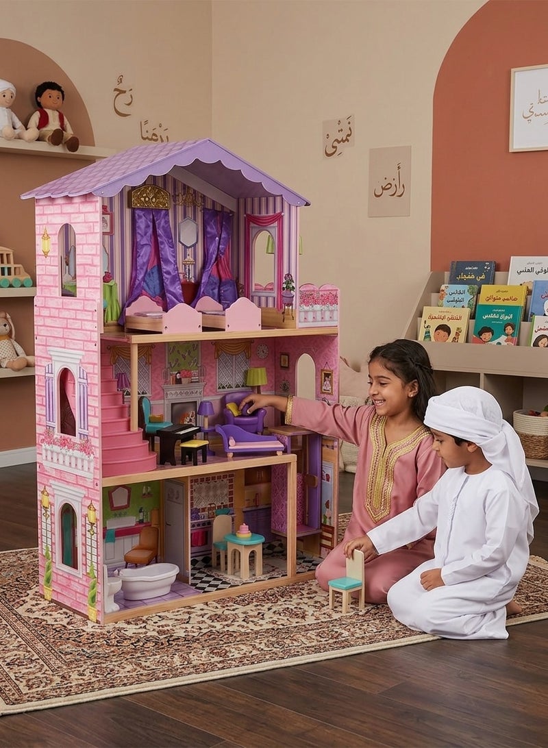 JSAITOYS Wooden Pretend Role Play DIY Educational Toy Big Kids Villa With Doll Room Furniture Dollhouse - Image 1