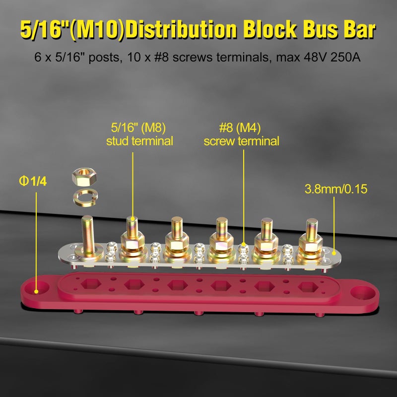 MOFEEZ Power Distribution Block Bus Bar, 6 x 5/16" Posts, 10 x #8 Screws Terminals, Max 48V 250A (Pair, Red & Black) - Image 4