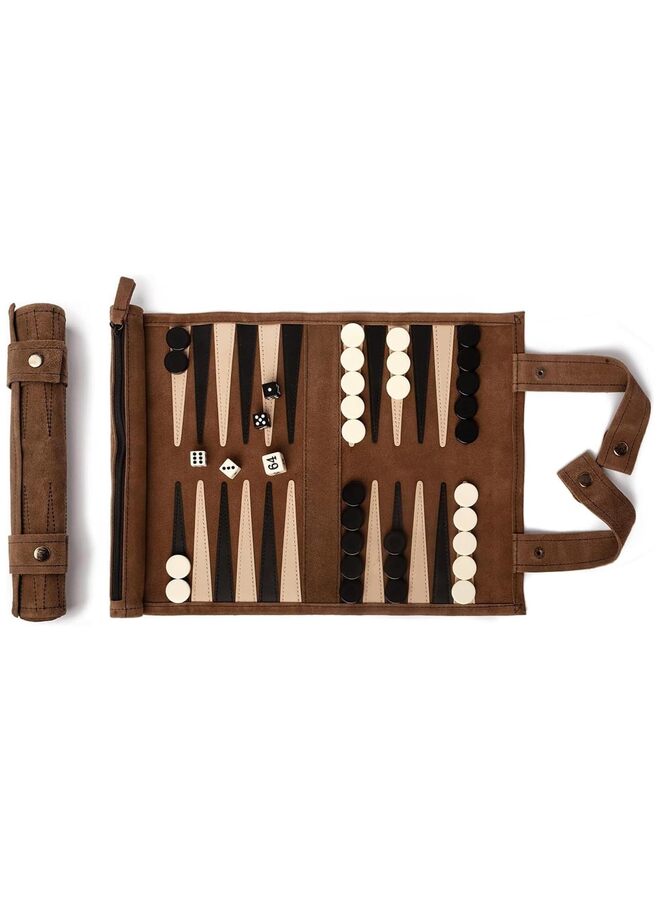 Roll-up Portable Suede Backgammon Game Set - Ideal for RV Travel, Cruise, Airplane, Camping, Backpacking, Road Trips, Etc. Multiple Colors 25 x 34 cm (Mocha) - Image 1