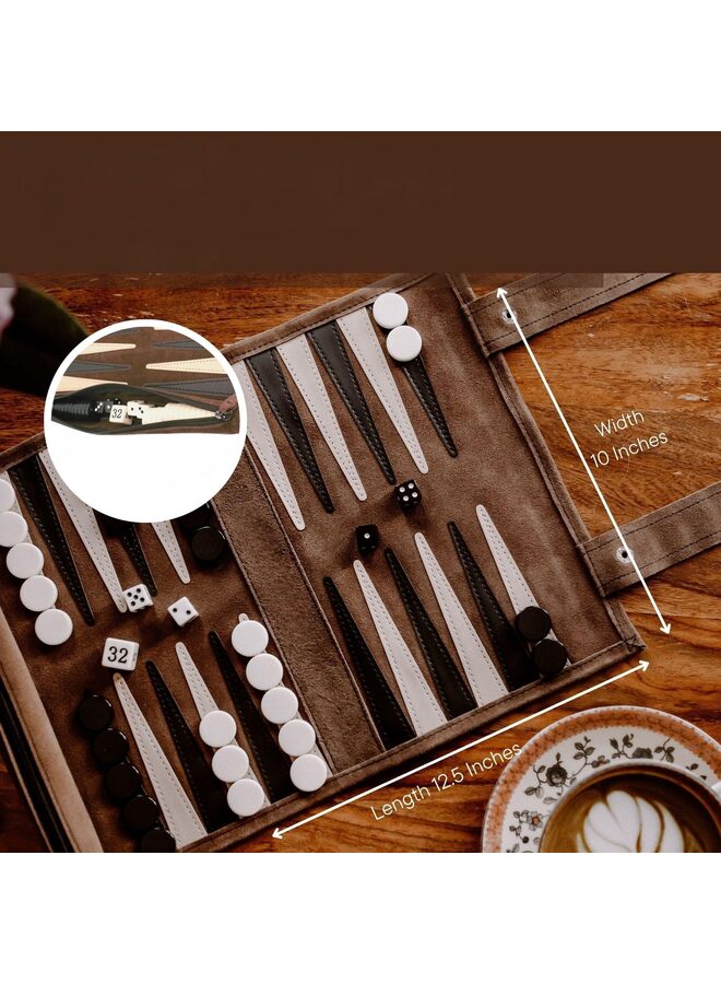 Roll-up Portable Suede Backgammon Game Set - Ideal for RV Travel, Cruise, Airplane, Camping, Backpacking, Road Trips, Etc. Multiple Colors 25 x 34 cm (Mocha) - Image 3