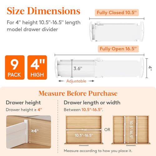 Lifewit 9 Pack Drawer Dividers for Clothes 4 High 105165 Expandable Dresser Drawer Organizers Adjustable White Plastic Separators for Kitchen Cabinet Nursery Socks Underwear Storage - Image 3