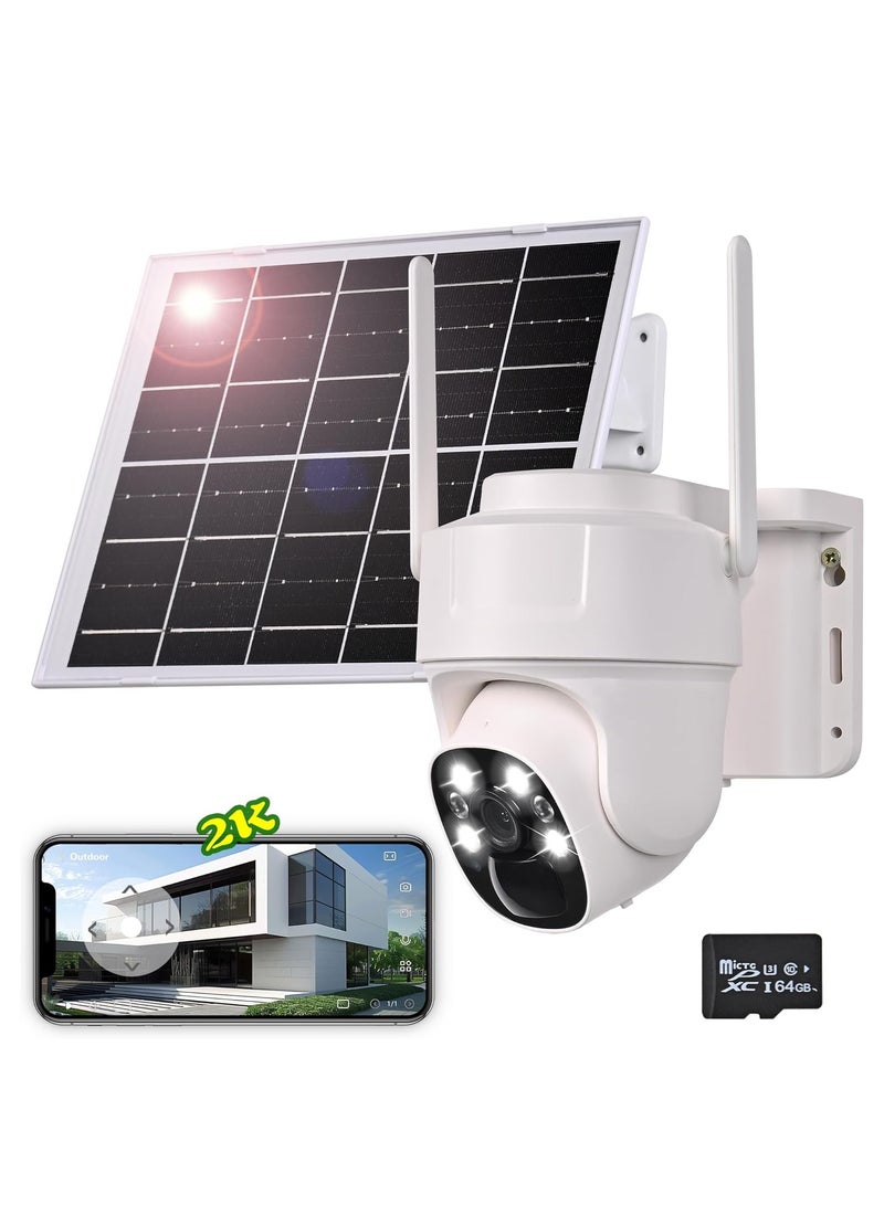 Outdoor Wi-Fi Camera with Wireless Solar Panel Surveillance Camera Battery Energy Kit Video Surveillance, Alarm with PIR Detection 2K Night Vision Colour 360°PTZ+64GB SD Card - Image 1