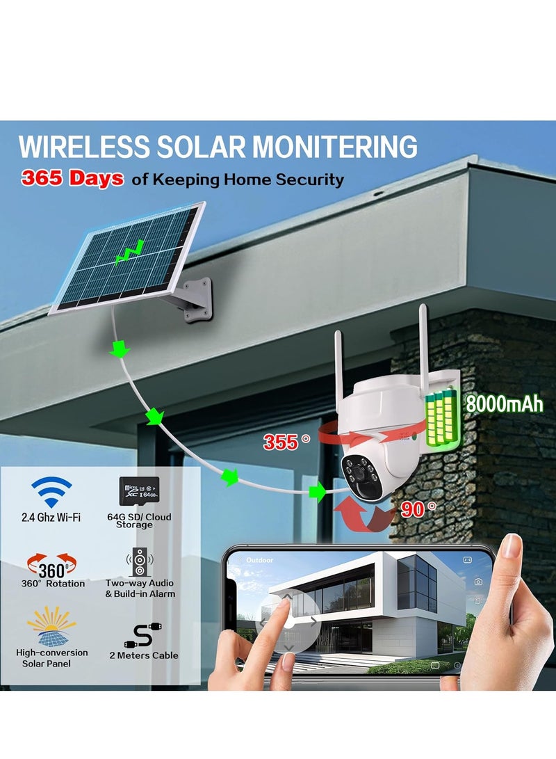 Outdoor Wi-Fi Camera with Wireless Solar Panel Surveillance Camera Battery Energy Kit Video Surveillance, Alarm with PIR Detection 2K Night Vision Colour 360°PTZ+64GB SD Card - Image 2