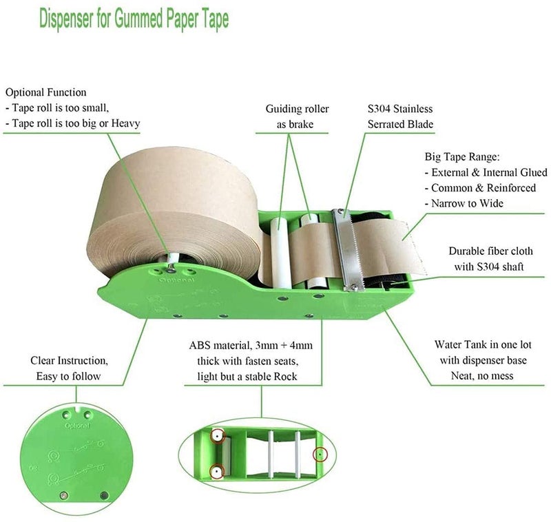 WELSTIK Water Activated Gummed Kraft Paper Tape Packaging Dispenser 3 Inch Green for Shipping, Carton and Box Sealing - Image 5