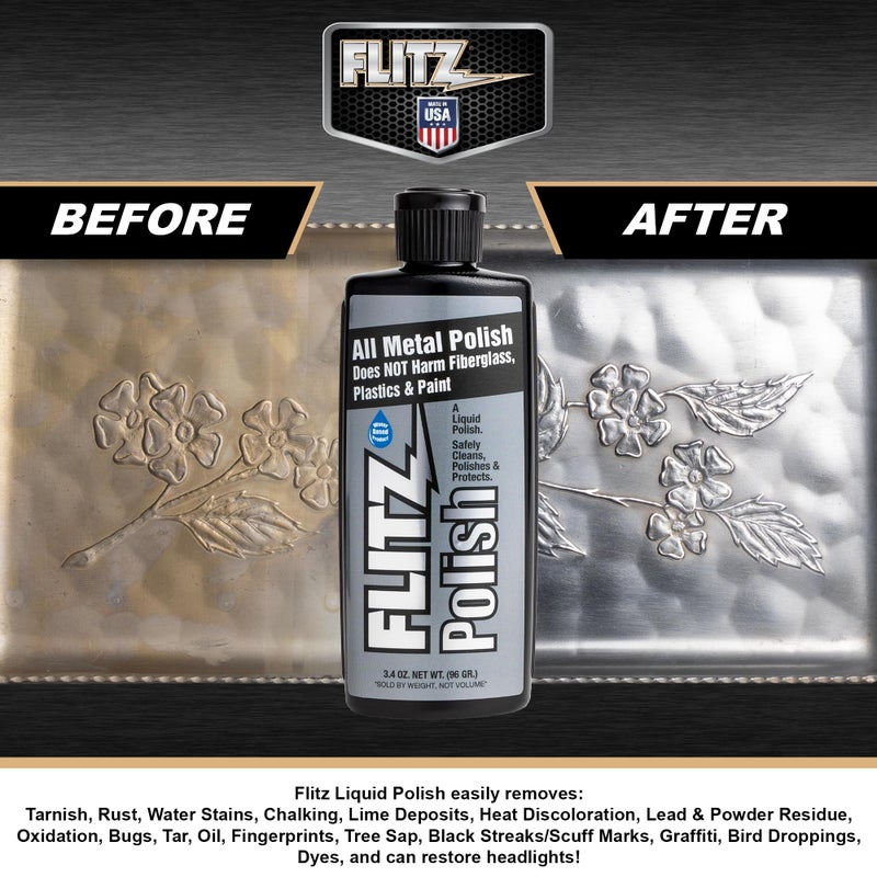 Flitz Multi Purpose Metal Polish Liquid - 3.4oz Bottle of USA-Made Tarnish Remover - For Aluminum, Chrome, Brass, Nickel, Silver - Non-Abrasive Metal Cleaner and Polish, Restorer (1 Pack) - Image 4