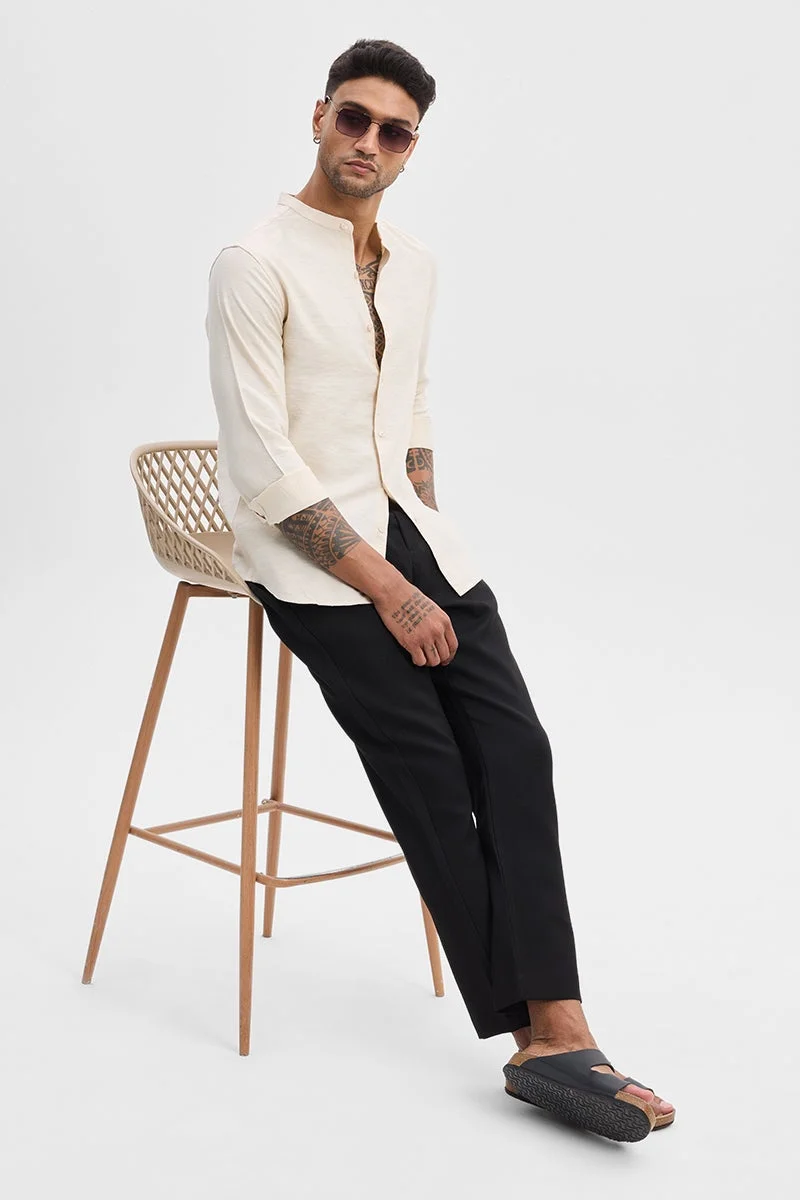 سنيتش Cream Textured Long Sleeve Slim Fit Casual Shirt