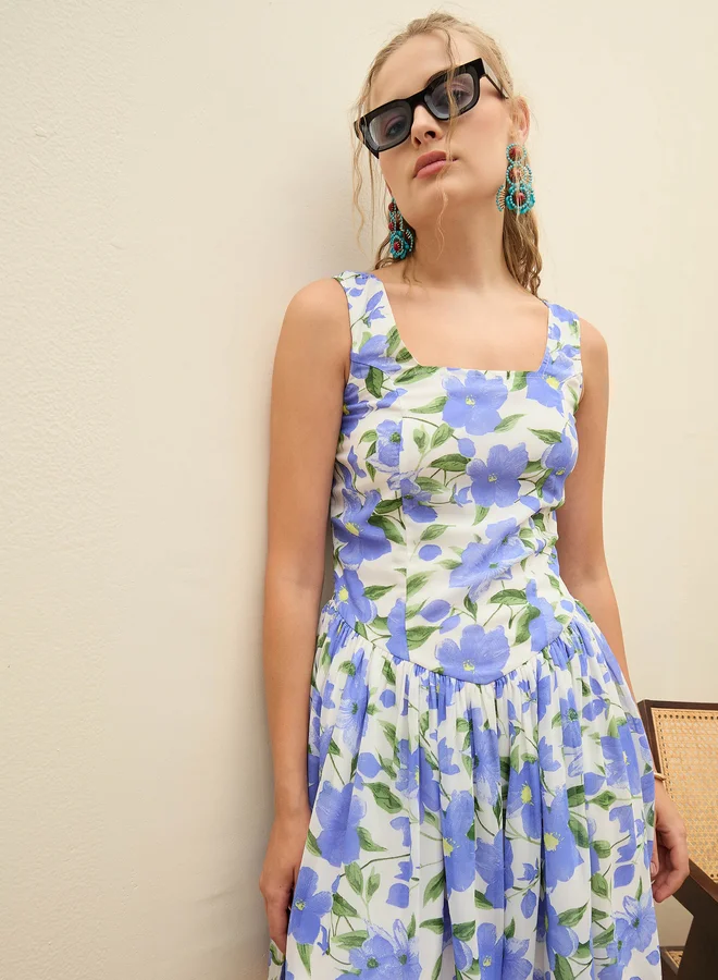 SASSAFRAS Sassafras Blue Floral Print Square Neck Mini Dress