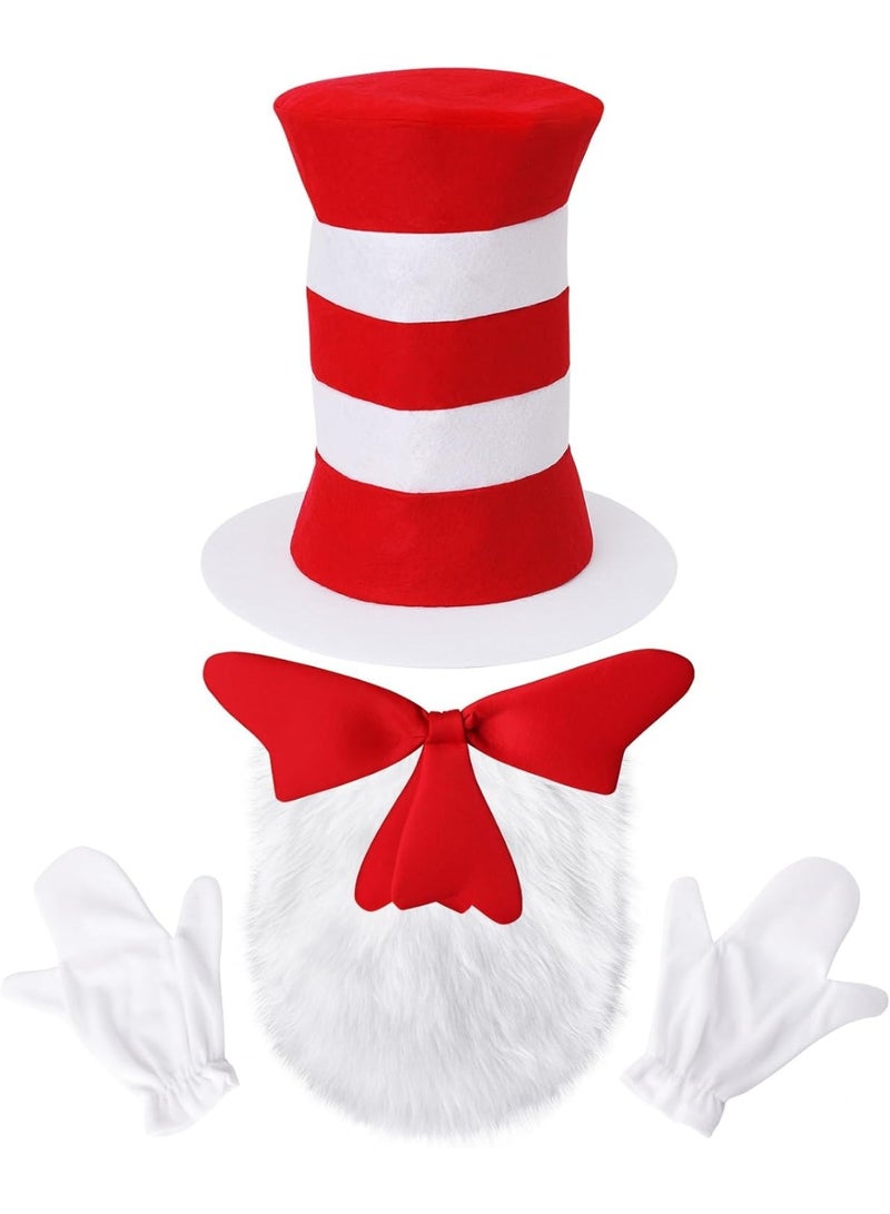 كوفوز 3 قطعة فانسي فستان ملحقات مجموعة، قبعات قطة أحمر أبيض مخطط، قوس أحمر، قفازات أبيض، قطة قبعة زي ملحقات للأطفال هالوين الدعائم - Image 1