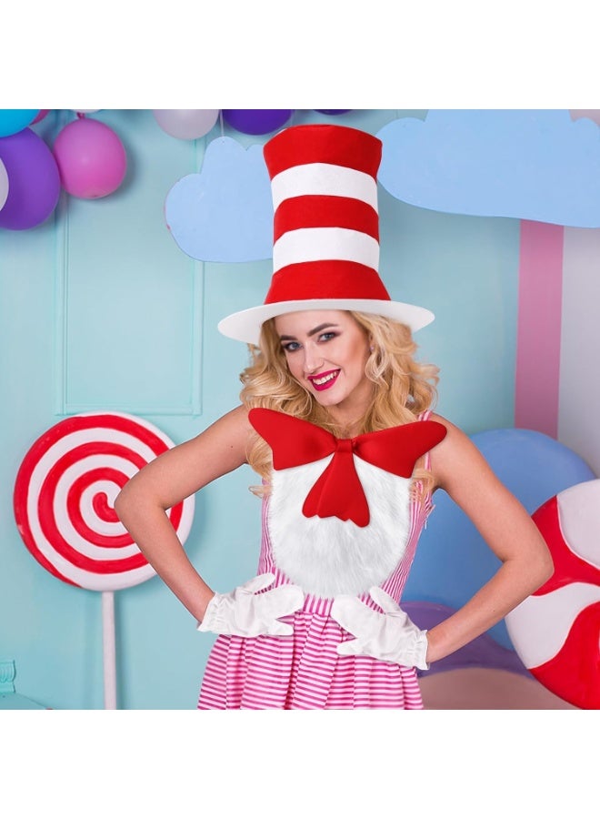 كوفوز 3 قطعة فانسي فستان ملحقات مجموعة، قبعات قطة أحمر أبيض مخطط، قوس أحمر، قفازات أبيض، قطة قبعة زي ملحقات للأطفال هالوين الدعائم - Image 5