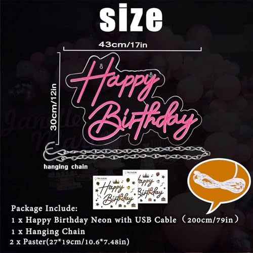 BerniceKelly Happy Birthday Neon Sign for Wall Decor, 17×12 Inch Pink Led Neon Light Signs, Art Decoration Happy Birthday Neon Light Sign for All Birthday Party Decoration with 2 Pcs pasters - Image 5