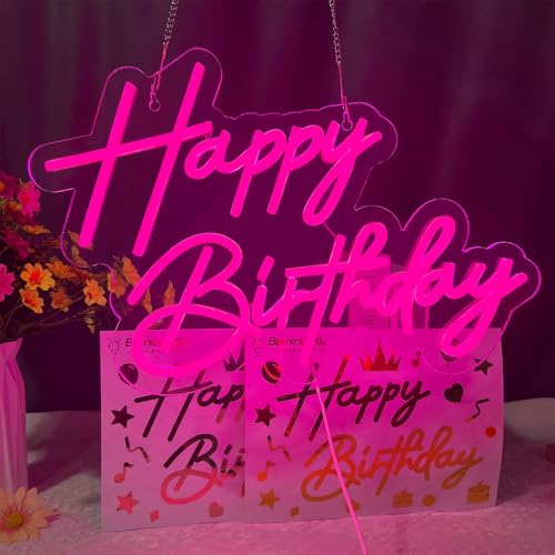 BerniceKelly Happy Birthday Neon Sign for Wall Decor, 17×12 Inch Pink Led Neon Light Signs, Art Decoration Happy Birthday Neon Light Sign for All Birthday Party Decoration with 2 Pcs pasters - Image 1