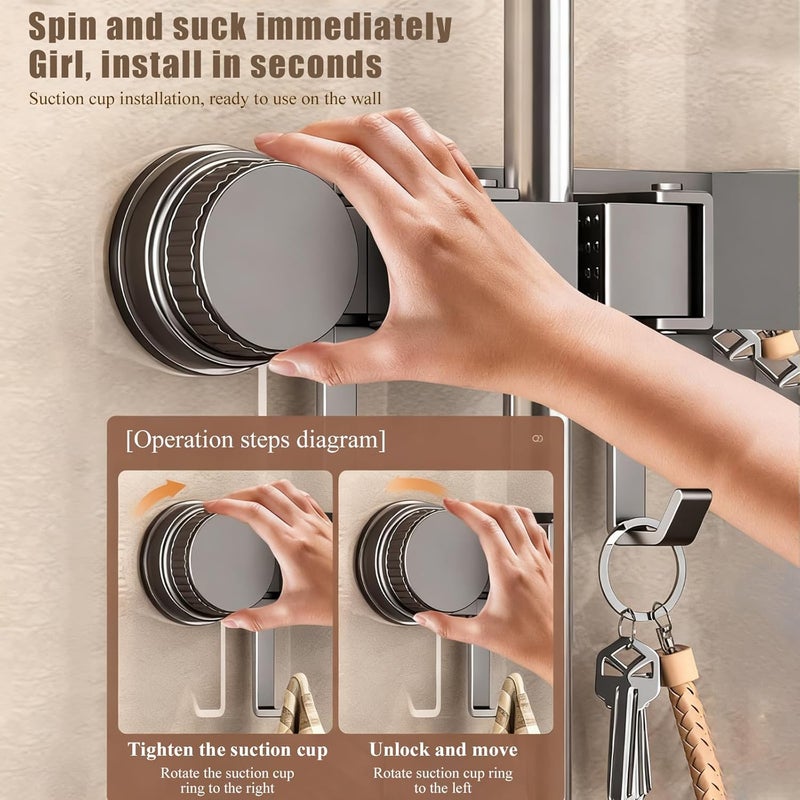 LYAROMIS Mop and Broom Holder Wall Mount, No Drilling Required，Suction Cup Broom Hanger, 5 Slots, 6 Hooks, Adjustable Storage Rack,Suitable for Tool Organizer for Closet, Garage, Laundry (sucker) - Image 3