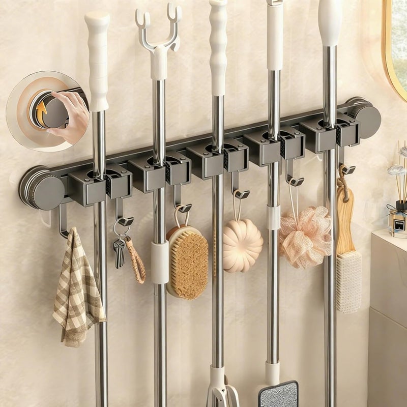 LYAROMIS Mop and Broom Holder Wall Mount, No Drilling Required，Suction Cup Broom Hanger, 5 Slots, 6 Hooks, Adjustable Storage Rack,Suitable for Tool Organizer for Closet, Garage, Laundry (sucker) - Image 1