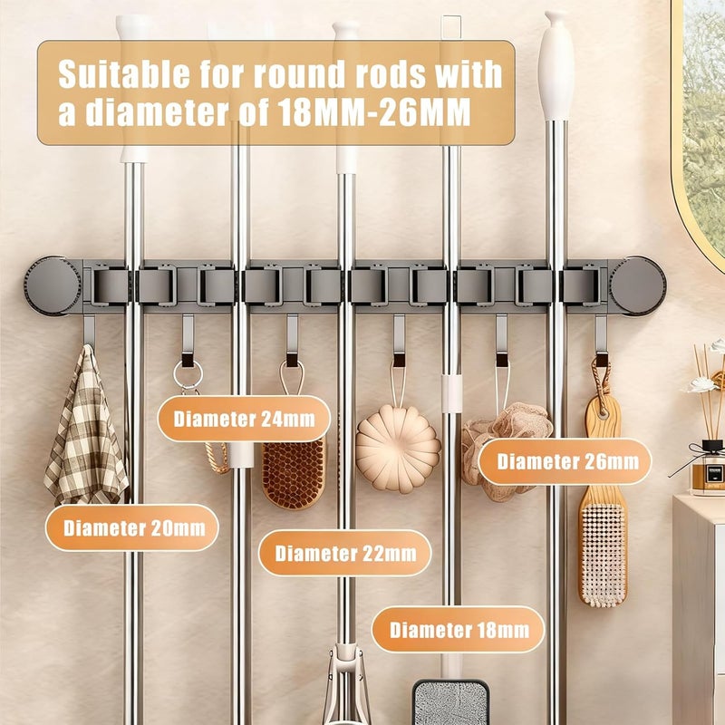 LYAROMIS Mop and Broom Holder Wall Mount, No Drilling Required，Suction Cup Broom Hanger, 5 Slots, 6 Hooks, Adjustable Storage Rack,Suitable for Tool Organizer for Closet, Garage, Laundry (sucker) - Image 2