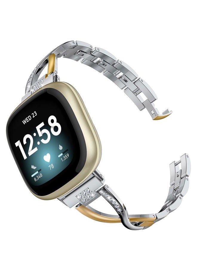 Wearlizer Compatible with Fitbit Versa 3 / Fitbit Sense Bands for Women Dressy Metal Replacement Wristbands Straps Accessory Bling Rhinestone Bracelet Band for Versa 3 / Sense Smartwatch (Gold Silver)