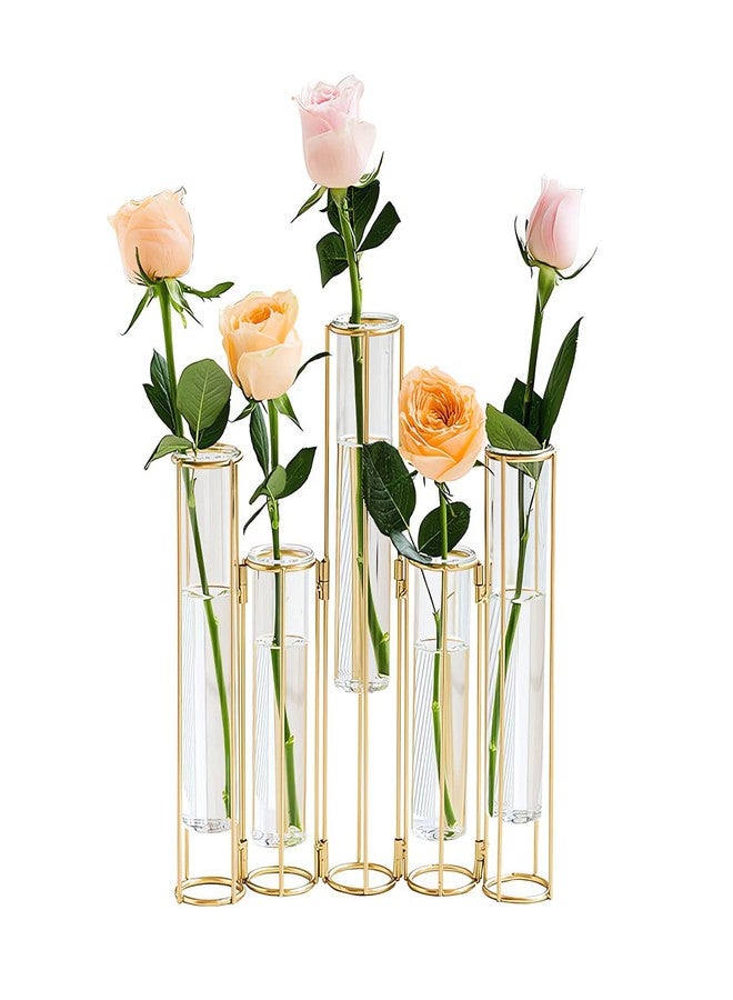 LANLONG Gold Vases for Centerpieces, Test Tube Flower Vase with 5 Test Tubes, Gold Flower Vase with Metal Stand Racks Hydroponic, Glass Hinged Propagation Plant Vase for Wedding Table Home Decor - Image 1
