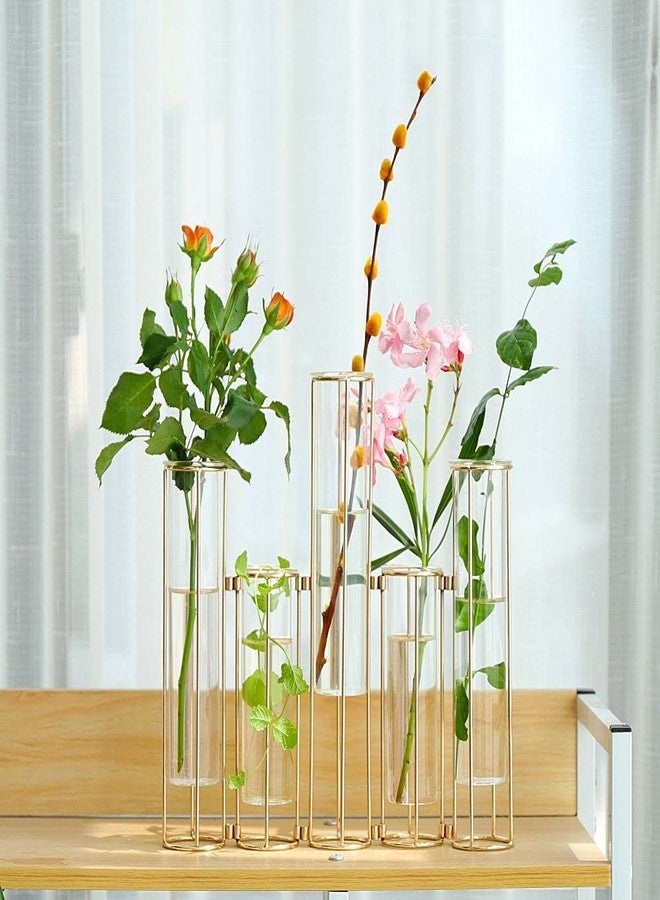 LANLONG Gold Vases for Centerpieces, Test Tube Flower Vase with 5 Test Tubes, Gold Flower Vase with Metal Stand Racks Hydroponic, Glass Hinged Propagation Plant Vase for Wedding Table Home Decor - Image 4