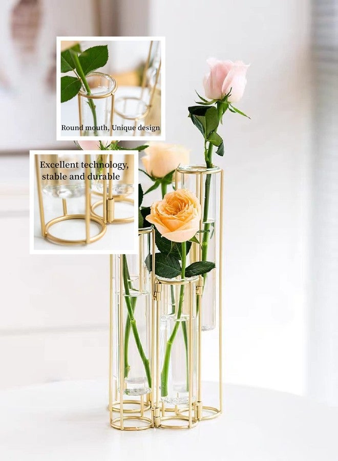 LANLONG Gold Vases for Centerpieces, Test Tube Flower Vase with 5 Test Tubes, Gold Flower Vase with Metal Stand Racks Hydroponic, Glass Hinged Propagation Plant Vase for Wedding Table Home Decor - Image 3