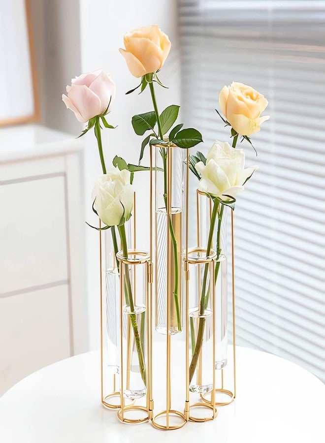 LANLONG Gold Vases for Centerpieces, Test Tube Flower Vase with 5 Test Tubes, Gold Flower Vase with Metal Stand Racks Hydroponic, Glass Hinged Propagation Plant Vase for Wedding Table Home Decor - Image 2
