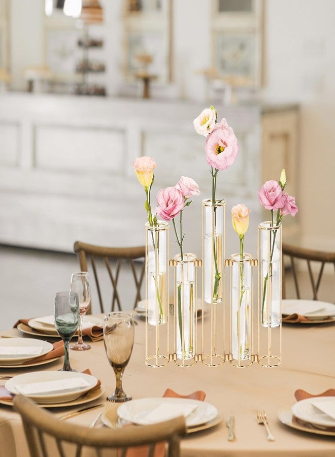 LANLONG Gold Vases for Centerpieces, Test Tube Flower Vase with 5 Test Tubes, Gold Flower Vase with Metal Stand Racks Hydroponic, Glass Hinged Propagation Plant Vase for Wedding Table Home Decor - Image 5