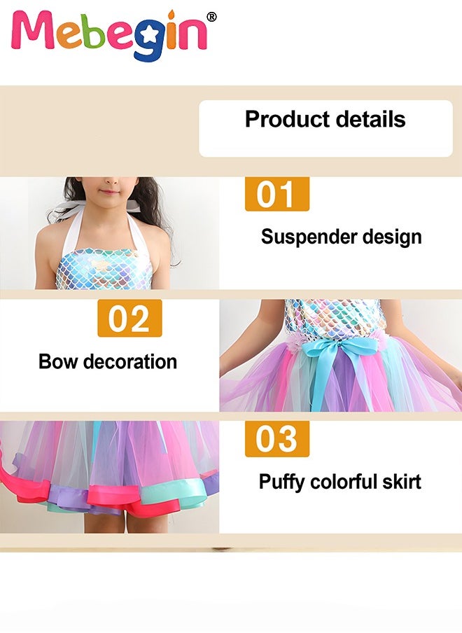 MEBEGIN - Girls Mermaid Costume with Adjustable Halter Neck Design, Elegant Princess Tutu Dress with Hair Hoop, Deluxe Princess Dress Up Costume with Colorful Bows, Great for Fancy Dress Parties, Birthdays, Prom Outfits and Cosplay Activities - Image 1
