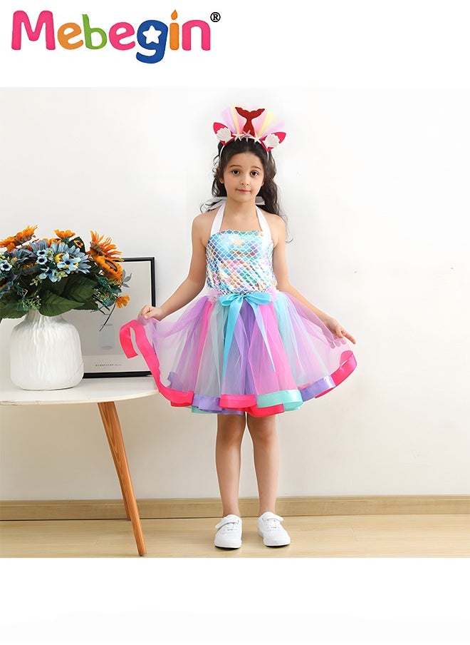MEBEGIN - Girls Mermaid Costume with Adjustable Halter Neck Design, Elegant Princess Tutu Dress with Hair Hoop, Deluxe Princess Dress Up Costume with Colorful Bows, Great for Fancy Dress Parties, Birthdays, Prom Outfits and Cosplay Activities - Image 1