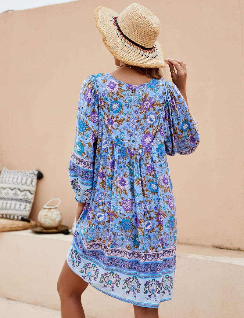 Bluetime Women Casual Summer Dress Boho V Neck 3/4 Sleeve Babydoll Floral Print Flowy Beach Dress (XXL, Very Peri) - Image 5