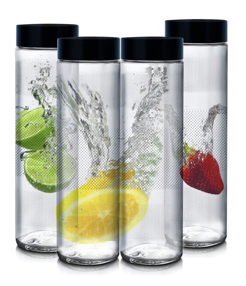 Brezzycloud Glass Food Grade Airtight Water Bottle with Leak-Proof Black Color Plastic Lid - Water, Smoothie, Juicer and Beverage Glasses - 750ml (Set of 4) - Image 1