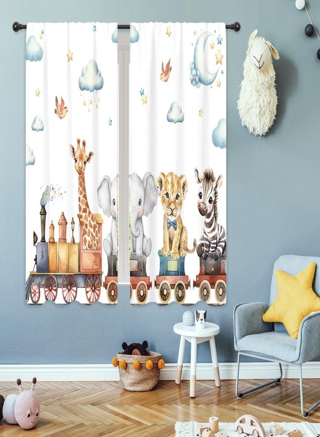 ريديكور ستائر أطفال من رييديكور، بتصميم حيوانات كرتونية لطيفة، مستوحاة من مغامرات الغابة والقطارات والحياة البرية، مع جيب للتعليق، مزينة برسومات أسد وفيل ونجوم وغيوم، مناسبة لغرف النوم والمعيشة. مصنوعة من قماش فاخر، قطعتان، مقاس 42 بوصة عرض × 63 بوصة ارتفاع. - Image 1