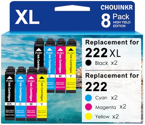 CHOUINKR Remanufactured Ink Cartridges for Epson 222 222XL Ink Cartridges Combo Pack Works with Workforce WF-2960, Expression XP-5200 (2 Black 2 Cyan 2 Magenta 2 Yellow, 8 Pack) - Image 1
