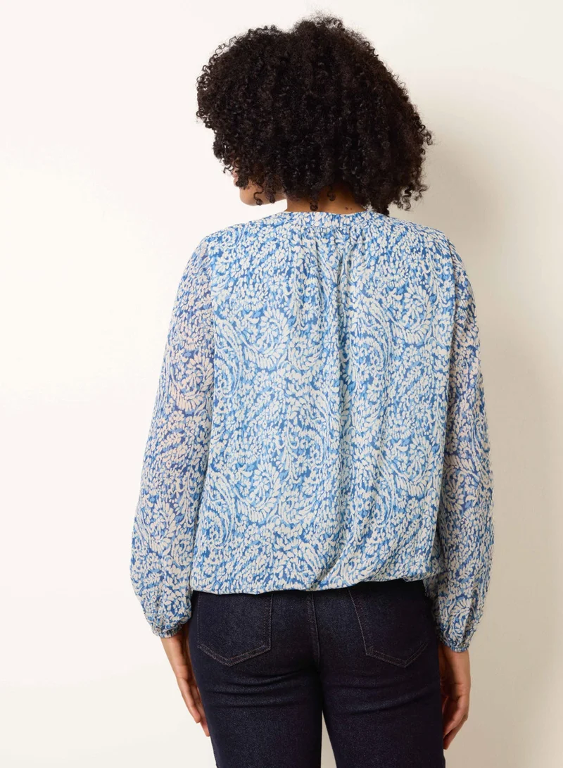 Blue Vanilla Grandad Tie Neck Puff Hem Watercolour Blouse