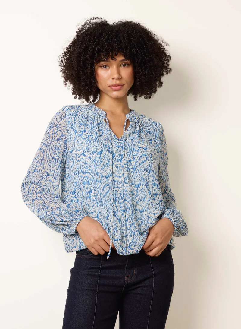 Blue Vanilla Grandad Tie Neck Puff Hem Watercolour Blouse