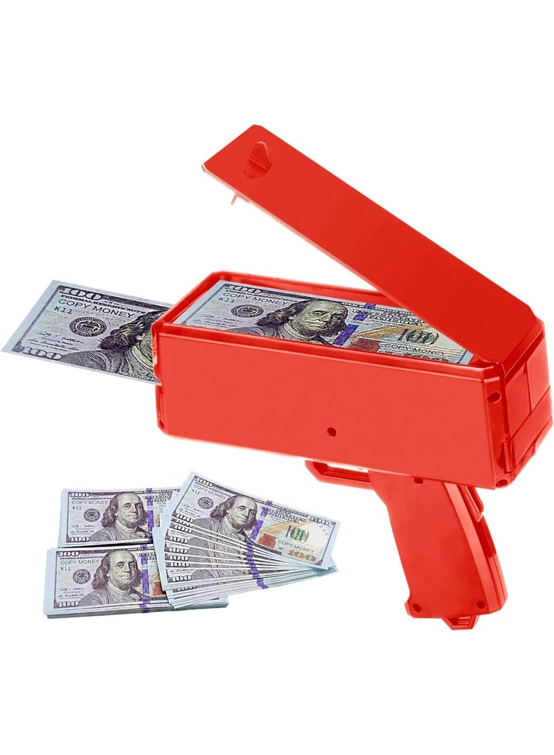 Meetion Money Gun Paper Playing Spary Money Toy Gun, Prop Money Gun with 100 Pcs Play Money Cash Gun Party Supplies Money Gun, multicoloured -Red - Image 1